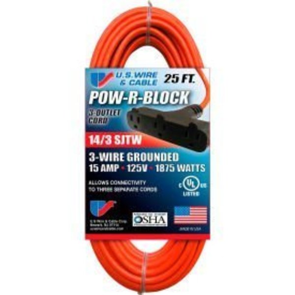 U.S. Wire & Cable U.S. Wire 62025 25 Ft. Three Conductor Orange Cord W/Pow-R Block, 14/3 Ga. SJWT-A, 300V, 15A 62025